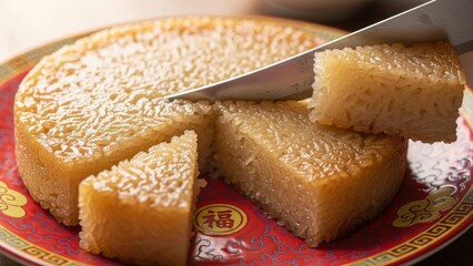 Cutting Traditional Chinese New Year Nian Gao or Sticky Rice Cake on a Festive Red Plate