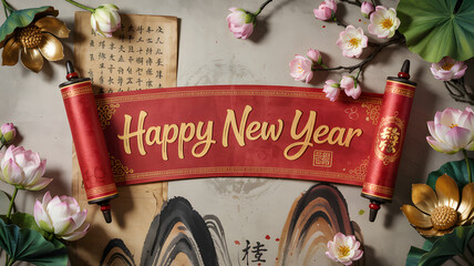 Festive Happy New Year scroll with traditional Asian flowers and elegant decorat