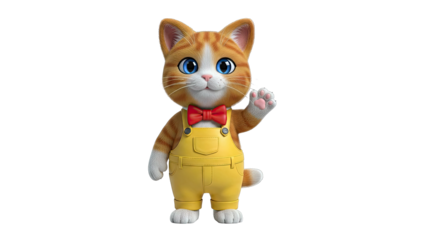 Animated ginger tabby cat wearing overalls and a bow tie waving