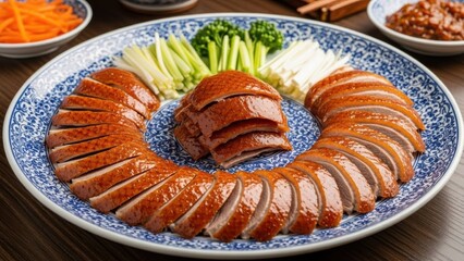 Exquisitely Sliced Peking Duck Served with Fresh Spring Onions and Cucumbers on a Traditional Chinese Plate