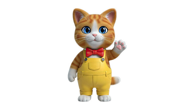 Animated ginger tabby cat wearing overalls and a bow tie waving