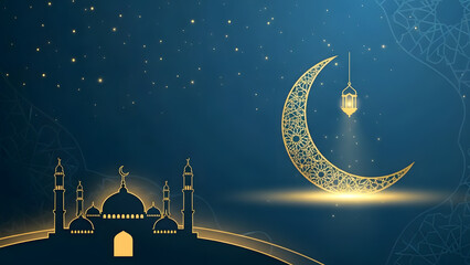 Modern illustrated ramadan skyline featuring mosque silhouettes and crescent moon. Clean and minimal style suitable for digital banners, presentations, and social media.