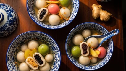 Colorful Tangyuan (Glutinous Rice Balls) with Various Fillings in Sweet Soup, a Chinese New Year Dessert