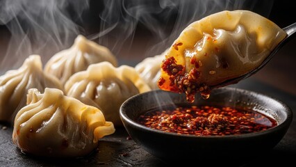 Steaming Hot Dumpling Being Dipped into Spicy Chili Oil Sauce with More Dumplings in the Background