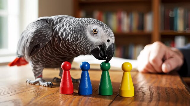 African Grey Parrot Picks Up Board Game Piece on Table Indoor