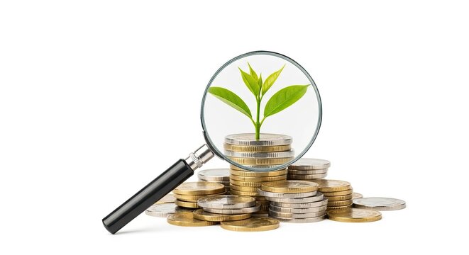 A magnifying glass with a green plant inside, placed on a stack of coins.