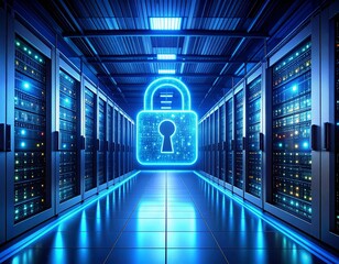 Glowing digital lock hologram projected above enterprise server rack in dim data center, blue and cyan lighting, cybersecurity concept for corporate branding.