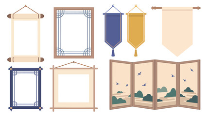 Traditional Asian Scroll Frames Banners Folding Screen Isolated Vector Set