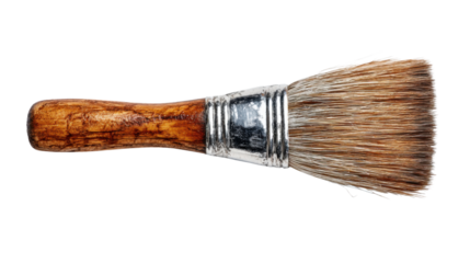 Paint brush with wooden handle and natural bristles, art tool for creating and painting concepts on transparent background