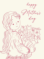 Cute hand-drawn Mother&rsquo;s Day greeting card featuring a sweet girl holding a bouquet of flowers. Soft pastel tones and elegant lettering make it perfect for cards, posters, gifts and holiday prints.