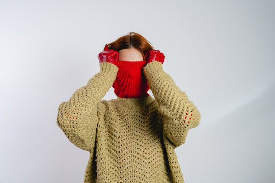 Woman in Knit Sweater and Red Gloves