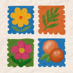 Bright retro-style square stamp icons featuring flowers, leaves and fruit on textured backgrounds. Ideal for stickers, stationery, scrapbooking, packaging, branding and decorative projects.