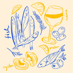 Playful sketch-style seafood doodle set featuring fish, oysters, lemon slices, olives and a glass of wine. Perfect for restaurant menus, culinary blogs, packaging, labels, recipes and food illustratio