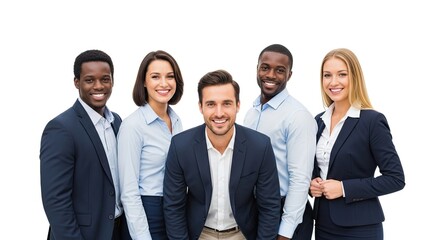 A group of five business professionals standing together in a professional setting.