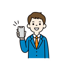 スマートフォンの画面を見せる、若いビジネスマンの上半身ベクターイラスト素材＿カラー