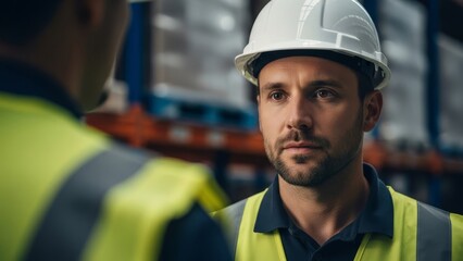 Focused shot of a serious supervisor wearing a white hard hat and safety vest, engaging in discussion with a coworker in a busy warehouse setting.