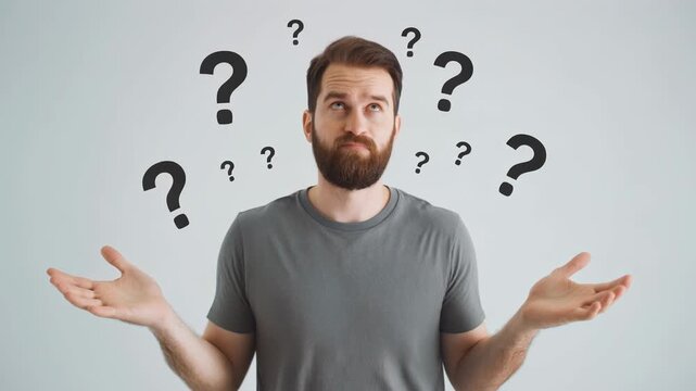 Man shrugs, surrounded by question marks, expressing uncertainty, confusion, and indecision