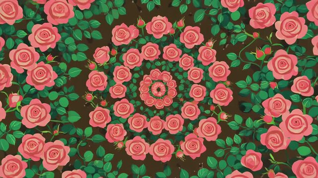 Vibrant floral pattern with pink roses and green leaves in circular arrangement.