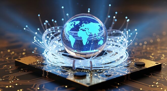 Glowing digital world globe resting on complex technology with bright fiber optics - Powered by Adobe