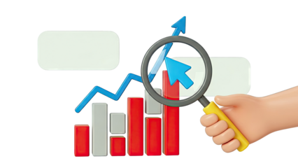 Data analysis with magnifying glass and rising chart