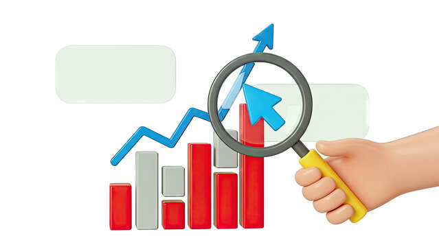 Data analysis with magnifying glass and rising chart - Powered by Adobe