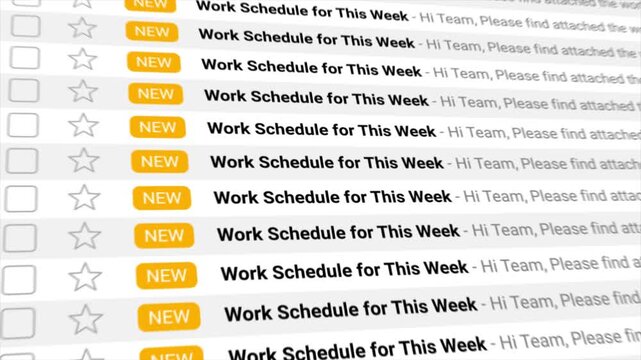 Work Schedule for This Week messages appear in multiples within an animated perspective of an email inbox. Ideal for illustrating business communication, digital workflow, and office productivity.