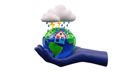 Hand holding Earth with house, storm and flood