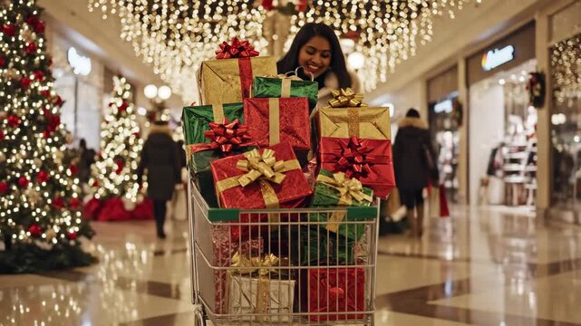 Woman with Shopping Cart Full of Christmas Gifts - A woman smiles behind a shopping cart filled with colorfully wrapped Christmas presents at a shopping mall.