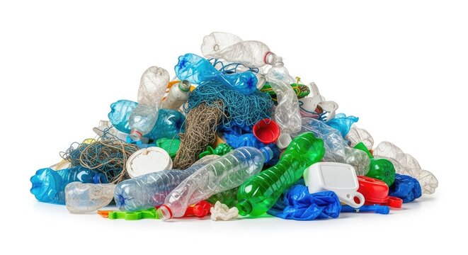 A pile of colorful plastic bottles and other waste materials on a white background.