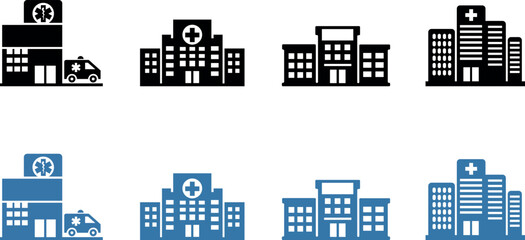Hospital Building Icon Set in Solid and Flat Style. Hospital Building silhouette. Minimal hospital building icon set in solid and flat style, featuring medical centres, clinics, emergency facilities, 