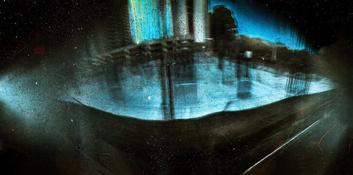 Solarigraphy of a building construction, sun trail in the sky