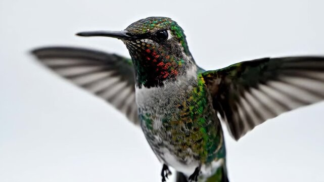 Hummingbird Flight - This video shows a close-up of a male hummingbird in mid-flight, with its wings extended. The bird is brightly colored with iridescent greens, reds, and white.