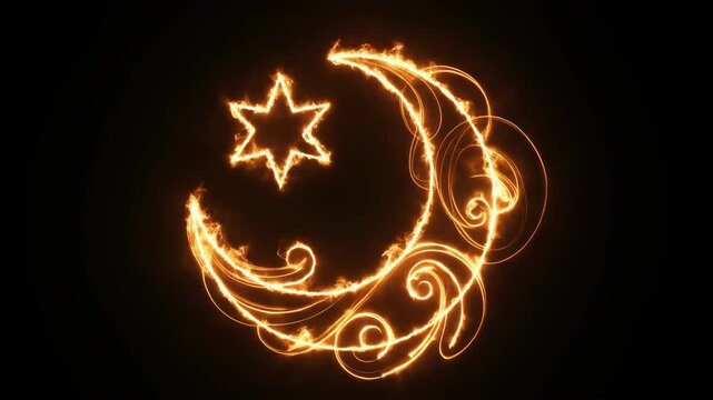 Glowing crescent moon with star symbol illustration.