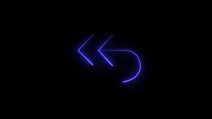 A bright neon blue rewind icon animates with a subtle glow effect on a dark background, representing a back arrow symbol, a perfect loopable animation for media playback controls and retro interfaces.