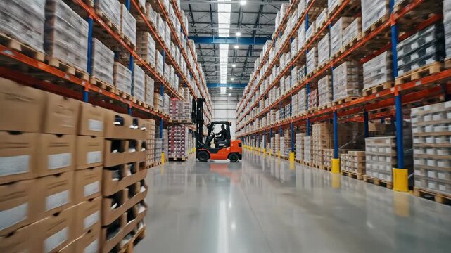 Warehouse Interior with Forklift - A wide-angle shot inside a large warehouse featuring rows of tall shelves stocked with products in boxes and on pallets, with a red forklift operated by a worker
