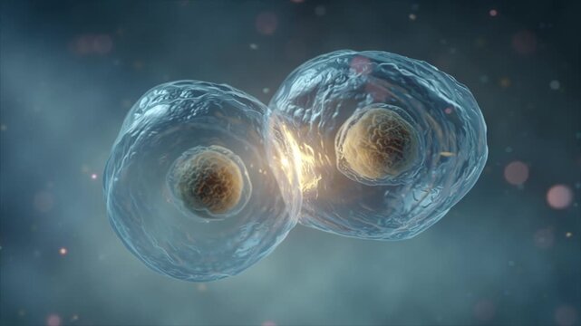 Microscopic visualization of primordial cells with transparent membranes and clear nuclei, symbolizing the origin of life