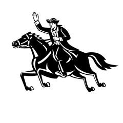 Retro logo style illustration showing Paul Revere, American patriot riding horse engaging in a midnight ride in 1775 to alert the minutemen of the approach of British troops done in black and white.