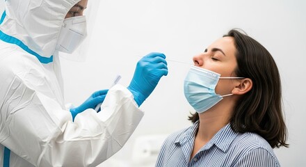 A healthcare worker in a protective suit administering a nasal swab test to a patient.