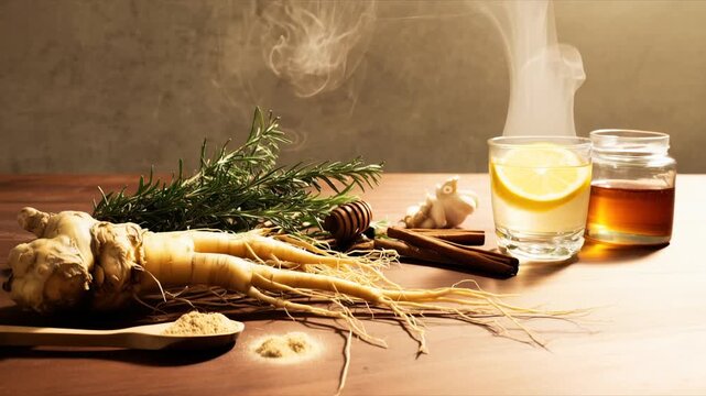 Golden Herbal Drink With Turmeric Lemon and Rosemary, Warm Natural Wellness Scene