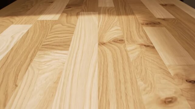 Light Wood Parquet Flooring Detail - This stock video shows a close-up view of light-colored wood parquet flooring. Light from a window casts a shadow across the surface of the wooden boards.