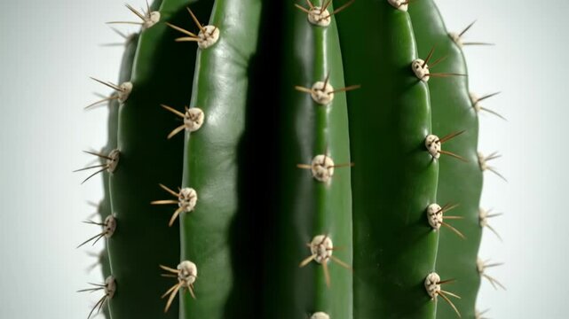 Close-Up of Cactus Spines - This video features a detailed close-up of a cactus highlighting its green ribs and sharp spines.