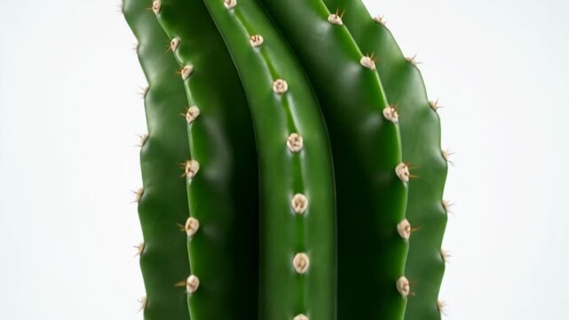 Close-up of Green Cactus on White Background - This video shows a close-up of a green cactus with small thorns along its ridges.