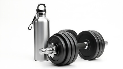 Silver water bottle and black dumbbells on white background 1