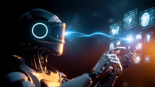 Humanoid Android Interacting With Floating Holographic Interfaces, Robotic Arm Tracing Digital Data Streams, Blue Energy Pulses in Warm Futuristic Environment