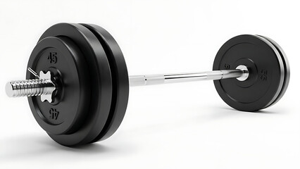 Black weight plates on silver barbell isolated on white