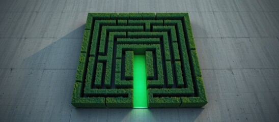 Aerial view of a green maze with a bright entrance pathway.