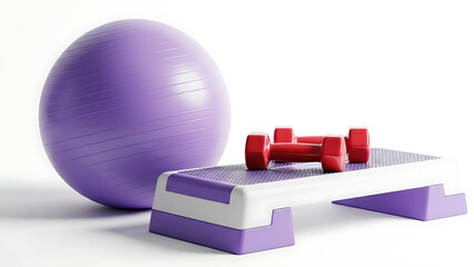 Purple exercise ball red dumbbells and aerobic step
