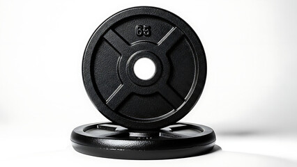 Two black weight plates stacked on white background