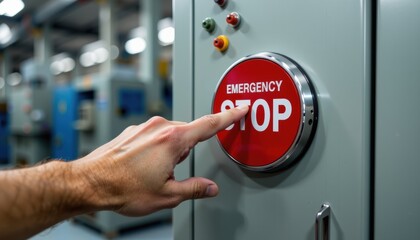 Hand pressing an emergency stop button in an industrial setting.