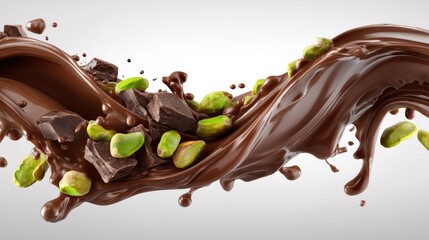 A dynamic splash of chocolate mixed with pistachios, creating a visually appealing and indulgent composition.